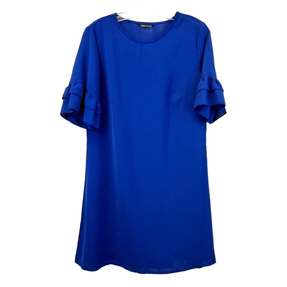 Shein Women’s Short Ruffle Sleeve Pullover Shift Dress Blue M Semi Sheer
